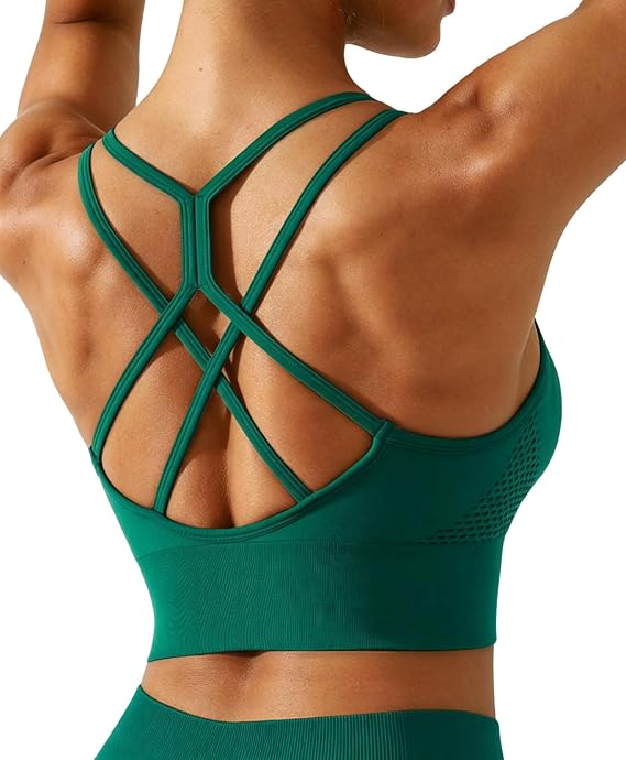 BRXL Strappy Ruched Sports Bra for Women Breathable Seamless Criss Cross Back Light Support Unpadded Bras Exercise Yoga Green S