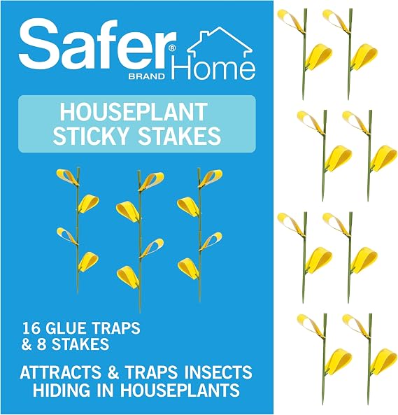 Safer Brand Home SH5026 Houseplant Sticky Stake Insect Traps for Indoor Plants - 16 Traps Included - Controls Aphids, Whiteflies, Fruit Flies, Fungus Gnats, and Other Insects