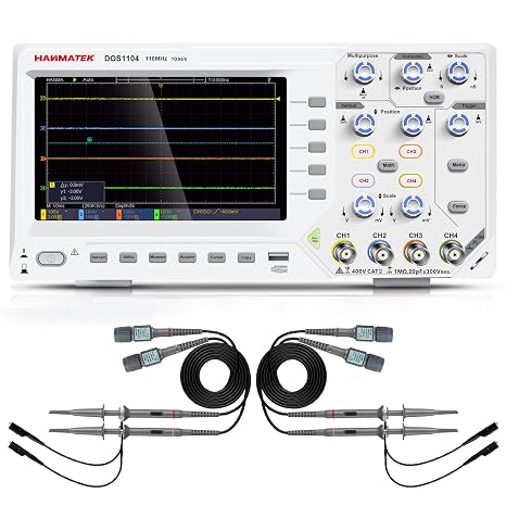 Hanmatek DOS1104 Portable Professional Oscilloscope Kit with 4 Channels and 7 Inch/18 cm TFT LCD Screen 110 MHz Bandwidth 100–240 V