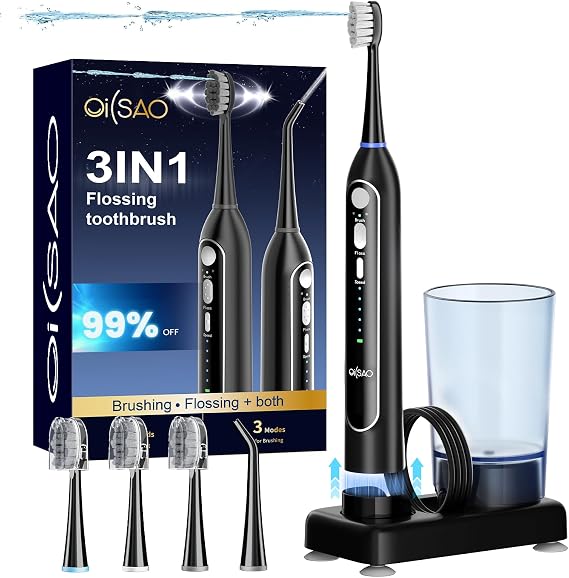 3-in-1 Electric Toothbrush with Water Flosser, 330ML Cup, Black | Features 5 Water Pressures and 3 Brushing Modes. IPX7 Waterproof and Rechargeable Design for Daily Home and Travel Use