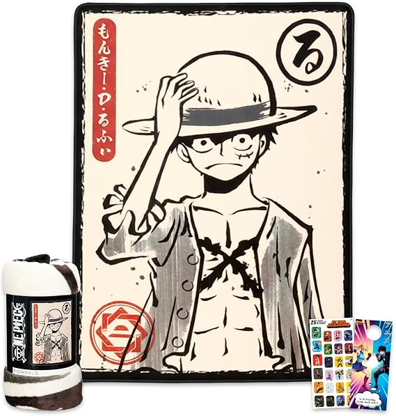 One Piece Fleece Blanket Set - Bundle with Luffy Soft Blanket Plus Stickers, More for Kids, Adults, Teens | Cozy One Piece Throw Blanket 45" x 60"