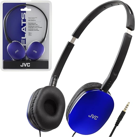 JVC HAS160A Flat Headphones - Blue | Flat Foldable Design, 30mm Driver, Soft Ear-Pads, Steel Headband, 3.5mm Slim Plug