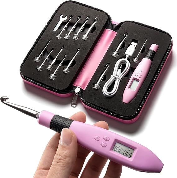 Counting Crochet Hook Set, 12-in-1 Light-Up Rechargeable Crochet Hooks with Digital Stitch & Row Counter, 2.0-14.0 mm Interchangeable Hooks, Ergonomic Handle, Storage Case, Gift for Beginners