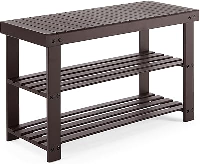 Sweetcrispy 3-Tier Shoe Rack Bench, Bamboo Entryway Storage Organizer, Shoes Stand for FrontDoor Entrance, Bedroom, Living Room, 286lb Capacity, 11.3 x 27.6 x 17.8 Inches, Chestnut