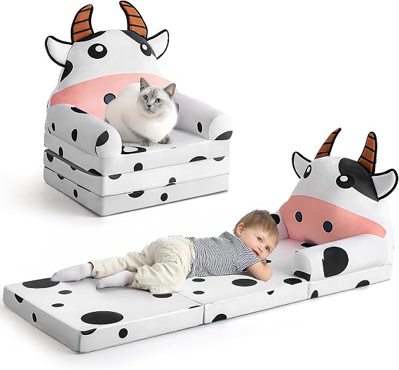 AskCat Kids Sofa Comfy, Adorable Animal Toddler Chair, Foldable Kids Couch with Removable Washable Cover, Soft & Breathable Fabric, No Assembly Needed, Foldable Baby Sofa(Dairy Cow)