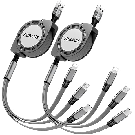 SDBAUX Multi USB Charger Cable Retractable 3 in 1 Multiple Charging Cord Adapter with Mini Type C Micro USB Port Connectors Compatible Cell Phones Tablets Universal Use(2Pack /Gray)