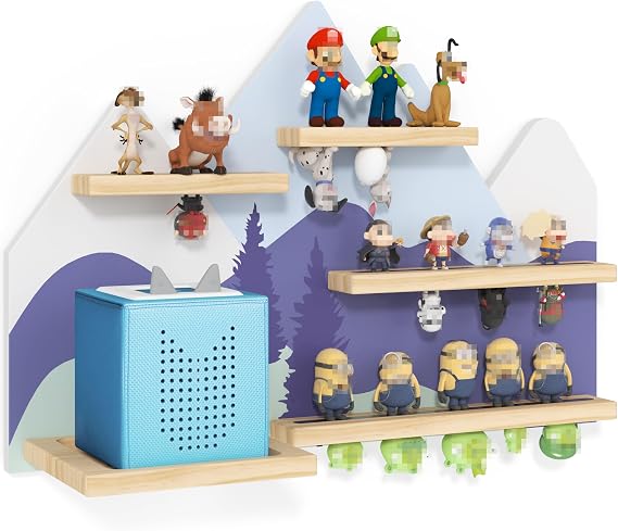 for Tonies Shelf Magnetic, Mountain Tonie Shelf for Tonies Characters & TonieBox, Wooden Display Floating Shelves for Children Room (Blue, Green, White)