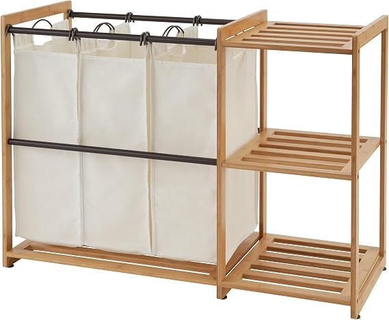 TRINITY EcoStorage 3-Bag Bamboo Laundry Station, Laundry-Room Organization and Dirty Clothes Hamper with 3 Shelves for Bedroom, Closet, Dorm Room and More, Bronze Poles