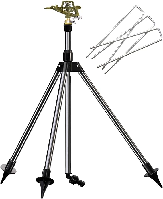 GARDEBRUK Sprinkler with Telescopic Tripod Ground Spike Sprinkler Range up to 24 m Garden Impulse Sprinkler Lawn Sprinkler Sector Sprinkler Garden Watering Water Sprinkler
