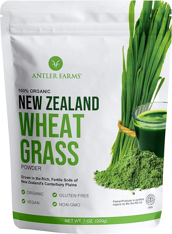 Antler Farms - 100% Pure, Organic, New Zealand Wheatgrass Powder, 40 Servings, 200g - Raw, Vegan, Gluten Free, Nutrient Rich, High Chlorophyll Wheat Grass, Detox, Essential Amino Acids, Minerals