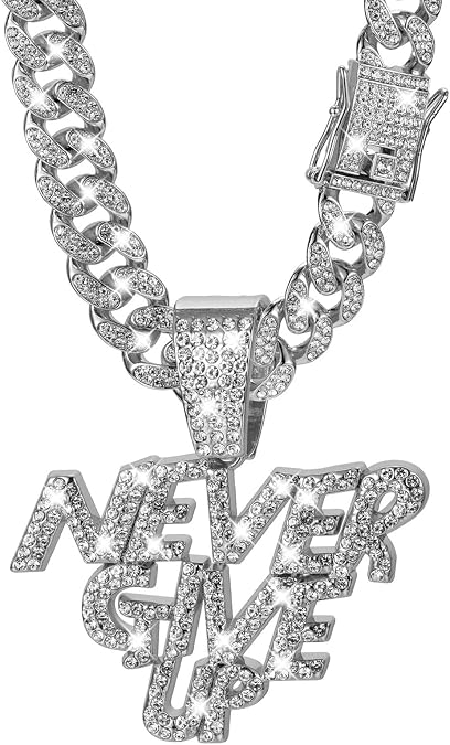NEVER GIVE UP Hip-hop Cuban Chain, Pendant Miami Cuban Link Chain for Men, Gold/Silver Plated Diamond Necklace, Iced Out Hip Hop Necklace