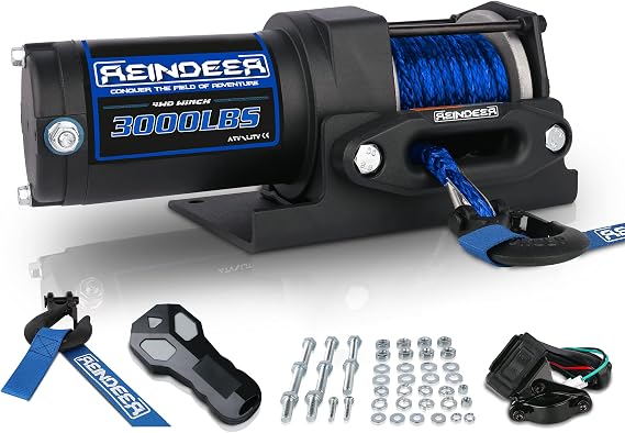 REINDEER New 12V Winch 3000 lb Load Capacity Electric Winch Kit Synthetic Rope with Hawse Fairlead Waterproof IP67 with Wireless Remotes for 4X4 Side by Side 4 Wheeler ATV UTV Rescue Recovery