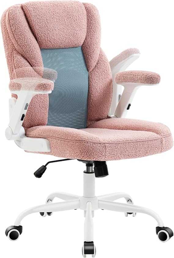 SEATZONE Pink Home Desk Office Chair with Arms and Wheels, Comfortable Executive Computer Chair, Breathable Mesh and Teddy Fleece Fabric Swivel Task Chairs for Women&Girls