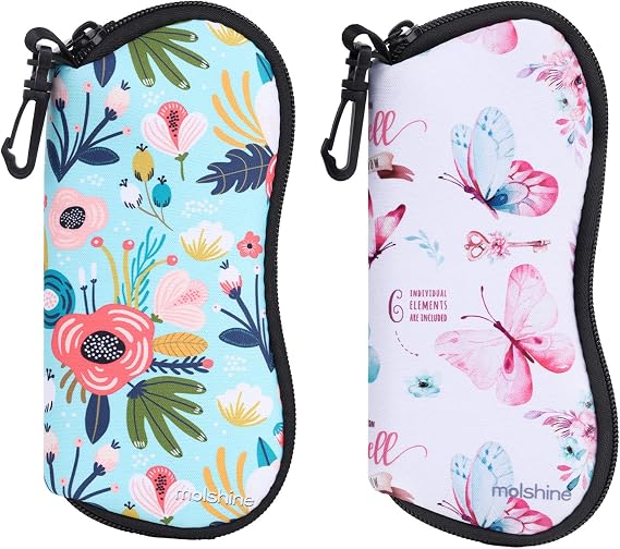 molshine 2 Pieces Soft Sunglasses Case,Neoprene Zipper Glasses Pouch,Portable Eyeglasses Bag with Hook for Women Men