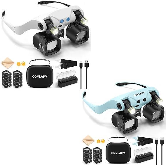 COYLAPY 2 Pack Magnifying Glasses for Close Work, Jewelers Magnifying Glass with Light & 5 Interchangeable Lens Pairs(2X 4X 6X 10x 13x) for Watch Repair,Crafts, w/Storage Case