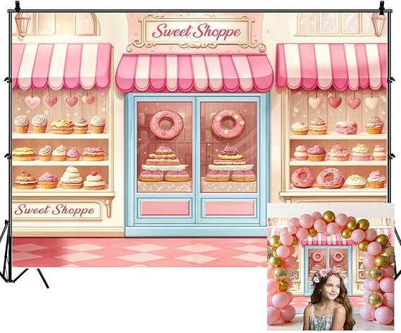 Donut Sweet Shop Backdrops for Photoshoot, Pink Bakery Girls Tea Birthday Party Picture Decorations Wall Backdrop for Photography Decor Banner, Photographic Studio Photo Backgrounds 7X5 FT