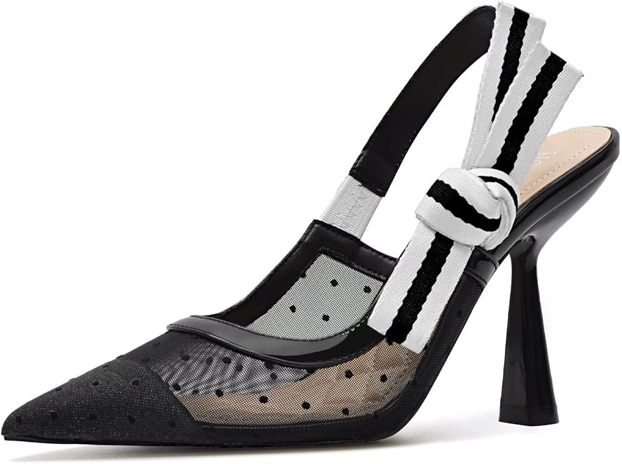HOCHFART Women's Slingback Kitten Heels Closed Pointed Toe Slip On Pumps | Bowknot, Elastic Slingback Strap, Office, Wedding, Bridal, Formal, Events, Church, Gathering, Casual Outing