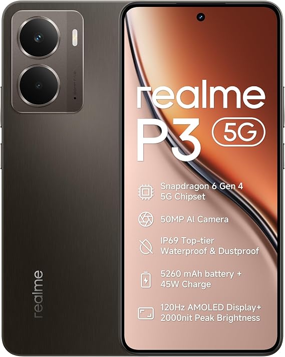 realme P3 5G Mobile phone 12+512GB Smartphone, 120Hz Amoled Display IP69, 2000nit peak Brightness, 5260mAh 45W SUPEROOC Charge, Snapdragon 6 Gen 4, Jade Grey