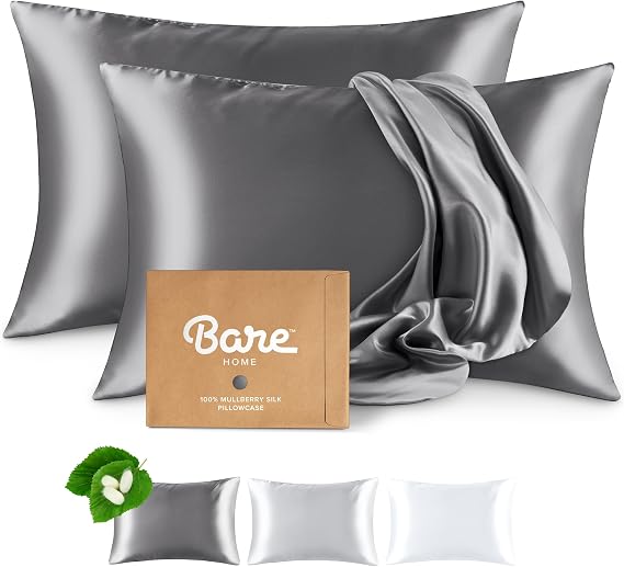 Bare Home 100% Mulberry Silk Pillowcase (Standard 2 Pack, Grey) | Hidden Zipper, For Hair and Skin, Ultra Premium 6A Grade 19 Momme Silk, Breathable Cooling Pillow Cover