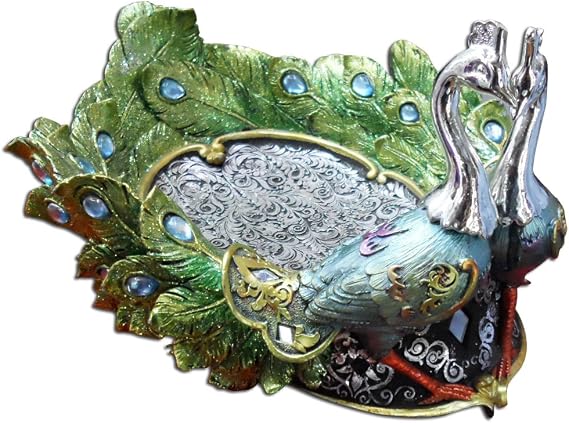 HOMEGARDEN Peacock Shallow Dish Statuette | 6.5" x 11.5" x 9" | Elegant Polymer Clay Artwork | Ideal for Candy, Jewelry, Gifting, Home Decor