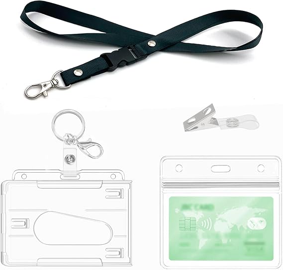 ID Card Holders with Lanyard,Keychains,Clips, Hard Clear Badge Holder, for ID Card Holder Office,School, ID Credit Cards,ID Clip,Pass Holder (1 Set Horizontal)