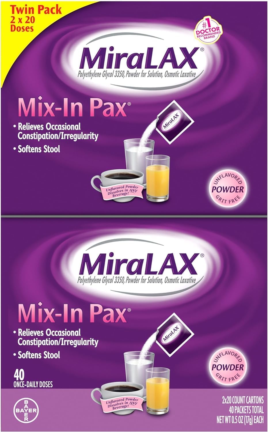 MiraLAX Gentle Constipation Relief Laxative Powder, Stool Softener with PEG 3350, No Harsh Side Effects, 1 Doctor & OBGYN Recommended, Single Dose Mix-In Pax, Travel Pack, 40 Dose