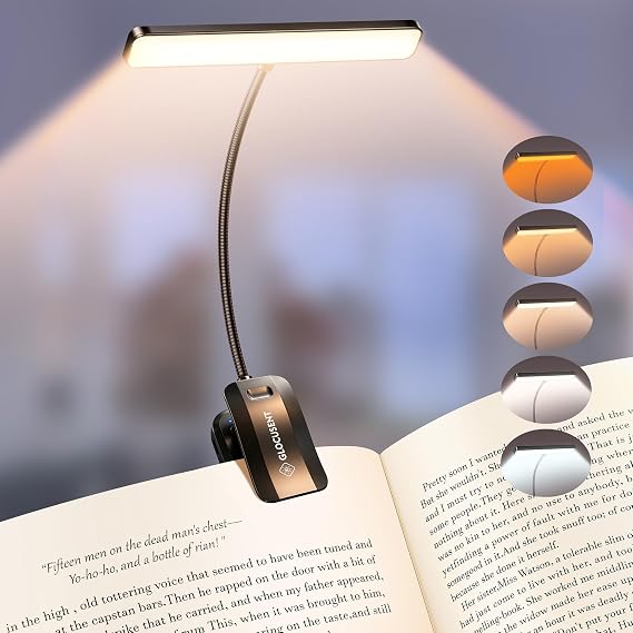Glocusent 26 LED Reading Lights for Books in Bed, Ideal Gifts for Reader | Rechargeable Book Light, Eye Caring 5 Amber Colors Stepless Dimming, Travel Lightweight Clip-on, Book Lovers Men Women Kids