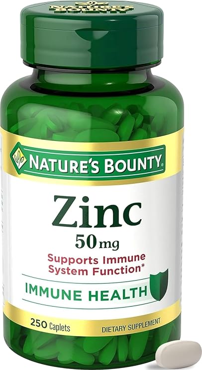 Natures Bounty Zinc 50mg, Immune Support & Antioxidant Supplement, Promotes Skin Health, 1 Caplet Per Day, Gluten Free, 250 Vegetarian Caplets