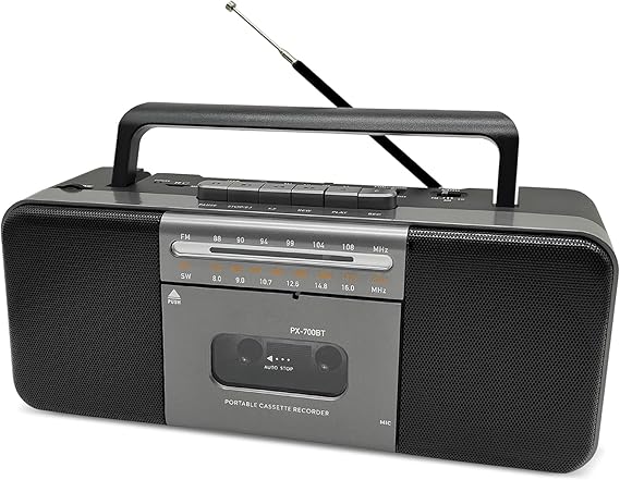 Portable Cassette Player/Recorder with Bluetooth, AM/FM/SW Radio, 10W Dual Speakers, USB/TF, Built-in Mic, Mains/Battery, Earphone Jack