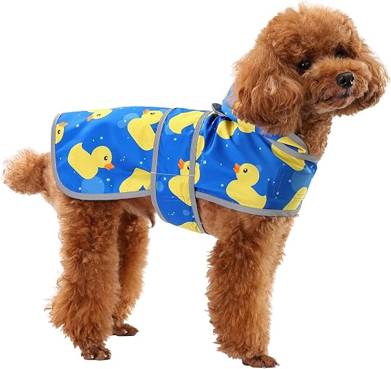 Dog Raincoat for Small Dogs Puppies Waterproof Jacket Hooded Rain Coats with Reflective Strips Leash Hole & Poncho Adjustable Fit (ShinyDuck,S)