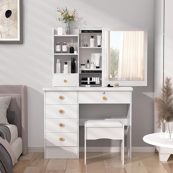 Makeup Vanity Desk with Mirror and Lights, Vanity Table Set with Mirror & Storage Shelves, Dressing Table with 4 Drawers for Bedroom,Bathroom,3 Color Modes, Tocadores para Maquillarse (A)