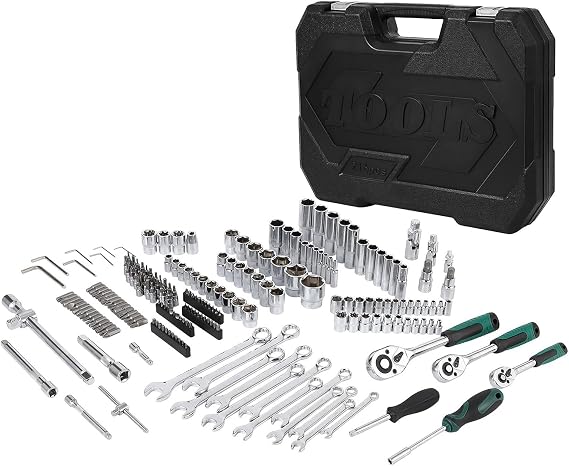 Mechanics Tool Set SAE Metric Socket Wrench Kit with Ratchets Extensions & Accessories Complete Automotive Repair Tools In Durable Storage Case for Home Garage Car Maintenance 216 Piece