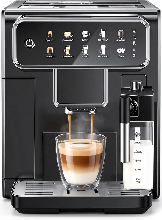 LINKLIFE Automatic Espresso Machine with Grinder and Milk Frother (Black)