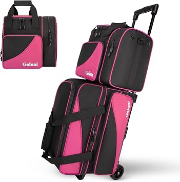 Goloni 3 Ball Bowling Bag with Wheels, 2+1 Double Roller Bowling Bag with Shoe Compartment,Tote Bag for Bowling Accessories