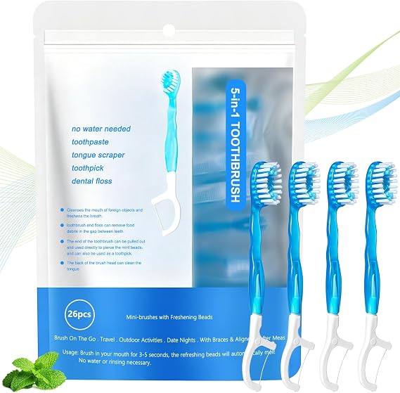 26pcs 5-in-1 Mini Disposable Toothbrushes with Toothpaste, Tongue Scraper, Floss & Toothpick/Ready-to-Go Travel Size/Fluoride Free, No Rinsing,Individually Wrapped/Soft (Mint)