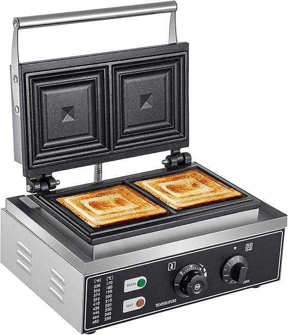 Sandwich Maker, 110V Commercial 2Pcs Sandwich Makers and Panini Presses with Non-stick Plates, LED Indicator Lights Sandwich Toaster for Bakeries, Home
