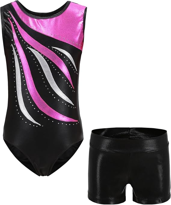 MEILONGER Girls Gymnastics Leotards with Shorts Outfits Sparkle Kids One-Piece Colorful Dancewear Bodysuit(Rose Red,10-12)