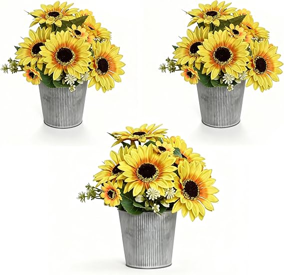 SVENJBB 3-Pack Artificial Sunflower Arrangement in Galvanized Metal Pot, Faux Sunflower Bouquet with Daisies & Greenery, Farmhouse Table Centerpiece Home Decor, 9.5 Inch Height