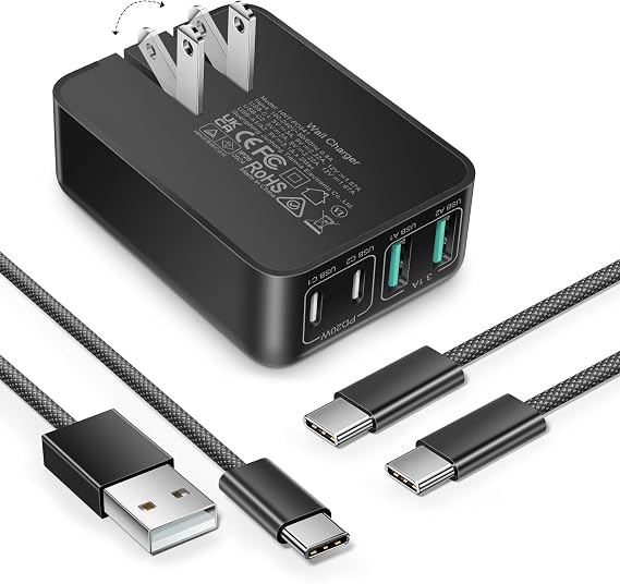 Fast Charger Block,40W 4-Port Flat USB C Wall Charger + 6FT Type C Cable