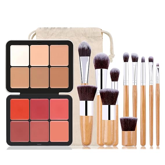 6 Colors Cream Concealer and Face Blush Palette, FantasyDay Long Lasting Full Coverage Conceals Corrects Foundation Camouflage Contour Kit for Correcting Dark Circles Acne Blemish + 11 Makeup Brush