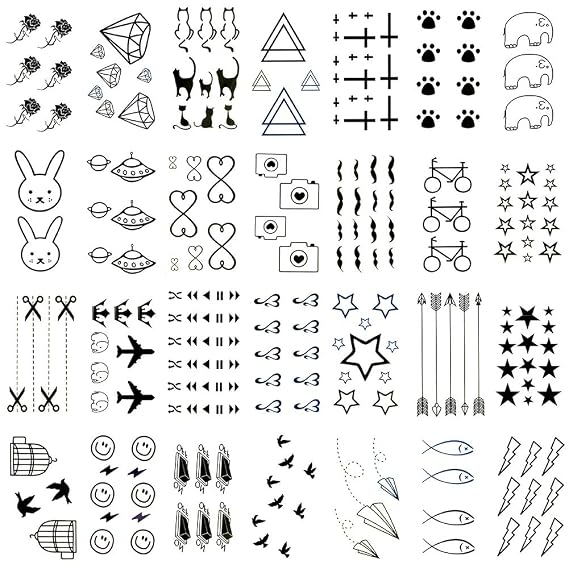 30 Sheets Small Cute Temporary Tattoos Kit - Black Foot Print Camera Elephant Star Diamond Cross Bird Cat for Kids Women Men