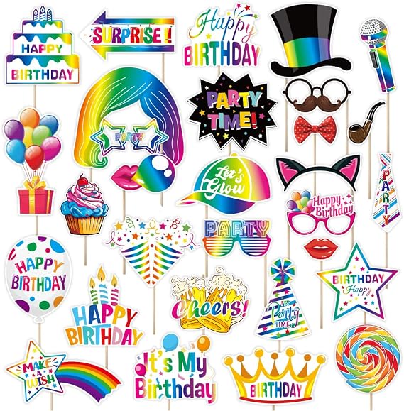 30Pcs Happy Birthday Photo Booth Props Kit Scary DIY Costumes Props with Wooden Sticks for Party Decorations