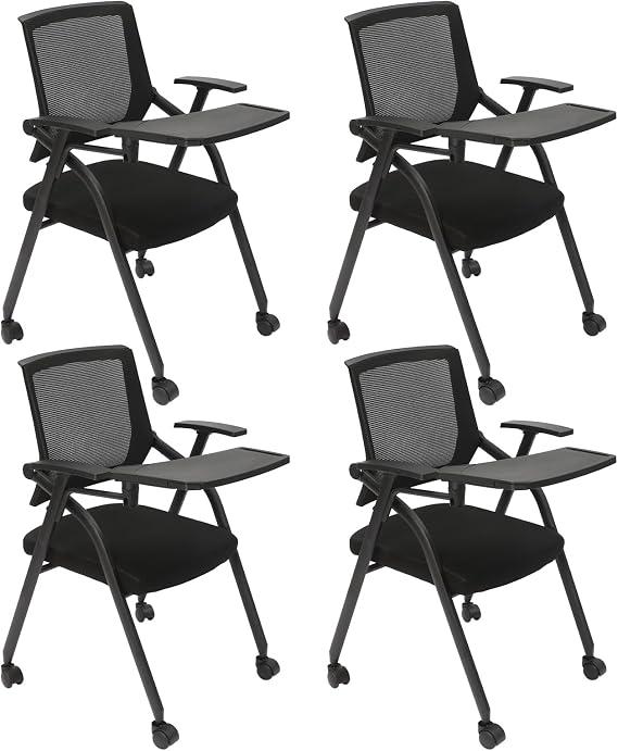 Conference Room Chair with Caster Wheels, Black Folding Chair with Right Handed Tablet Arm, Ergonomic Mesh Office Chairs for Office School Classroom Training, 4 Pack