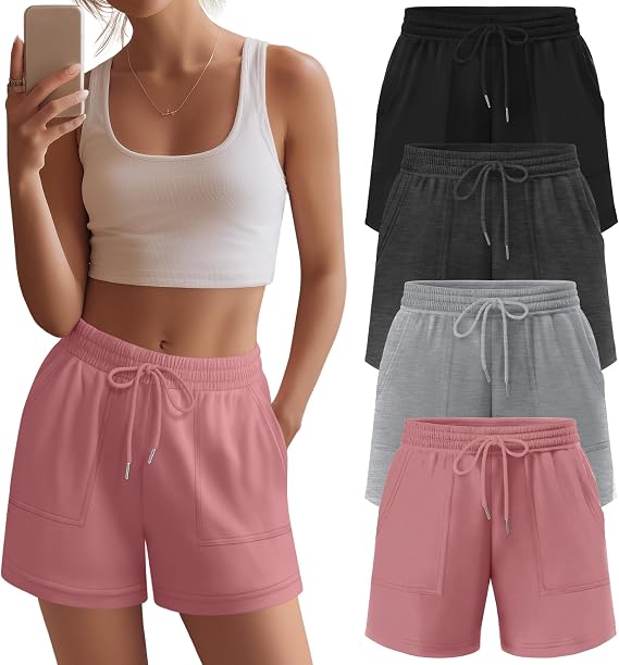 Neer 4 Pack Womens Sweat Shorts High Waist Athletic Shorts Summer Loose Elastic Drawstring Short Sweatpants with Pocket