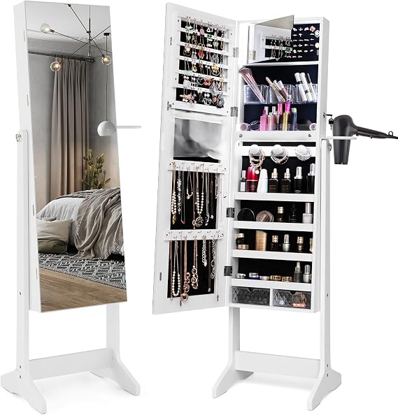 GOFLAME Jewelry Cabinet Armoire, Lockable Freestanding Jewelry Storage Organizer with Full-length Frameless Mirror, 3-Color LED Lights, 3 Adjustable Angles, Hair Dryer Holder for Bedroom (White)