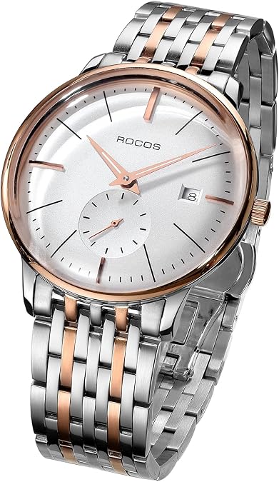 ROCOSJEWE Ultra-Thin Curved Mirror Men's Watch Automatic Mechanical Wristwatch Calendar Display Stainless Steel Strap Waterproof Business Casual Watch for Men Gift