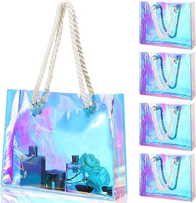 4 Pcs Large Holographic Clear Tote Bag Iridescent PVC with Rope Handles 11.8x15x4 Stadium Approved Bag Waterproof Handbags for Concert Bridal Shower Bachelorette Party Wedding Gym Travel Beach