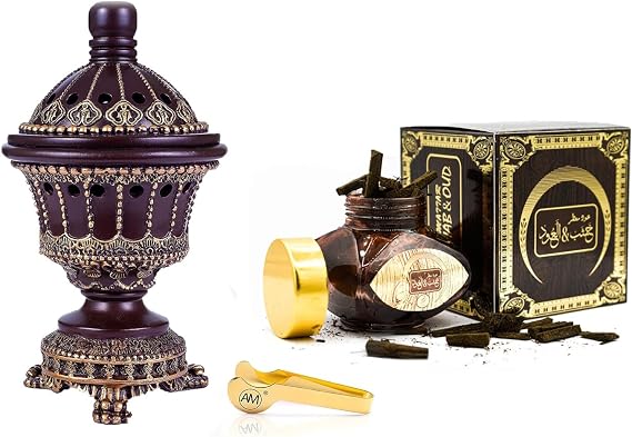 AM Incense Burner Frankincense Resin - Luxury Chalice (Brown) and and ARABIYAT Oud Wood Incense Charcoal Chips | Frankincense Resin Burner with Arabian Bakhoor Incense 25g