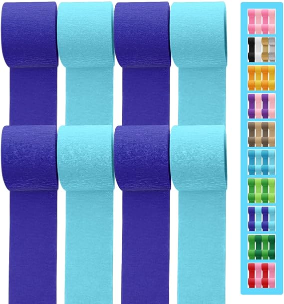 8 Rolls Crepe Paper Streamers 656ft, Pack of Light Blue and Royal Blue Party Steamers Set for Party Decoration Wedding Birthday Baby Shower (1.8 Inch x 82 Ft/Roll)
