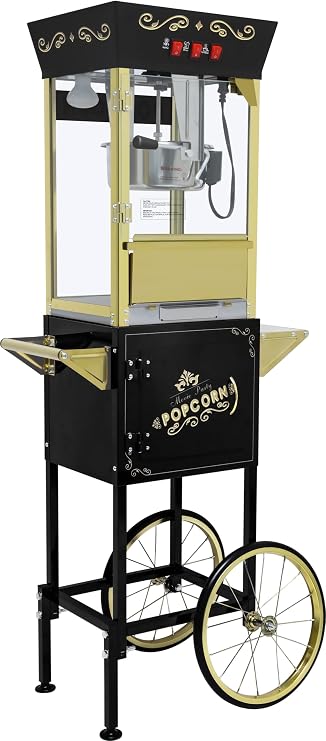 Popcorn Machine with Cart Wheels Popcorn Maker with Stainless Steel Kettle Popcorn Popper for Home, Theater, Parties (12OZ /Cart, Black)